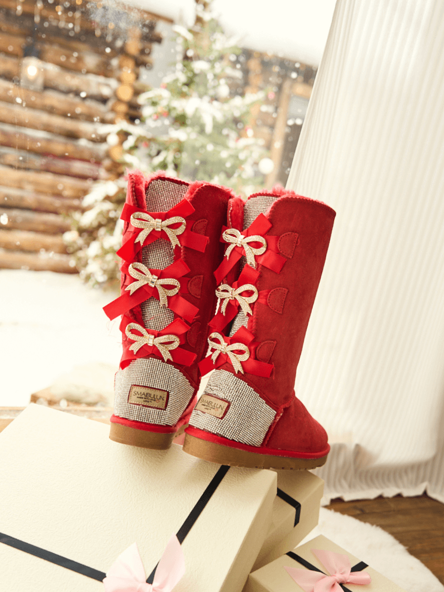 SMAIBULUN Ugg | Rhinestone Ribbon Tri-Tie Bow Suede Boots - candy