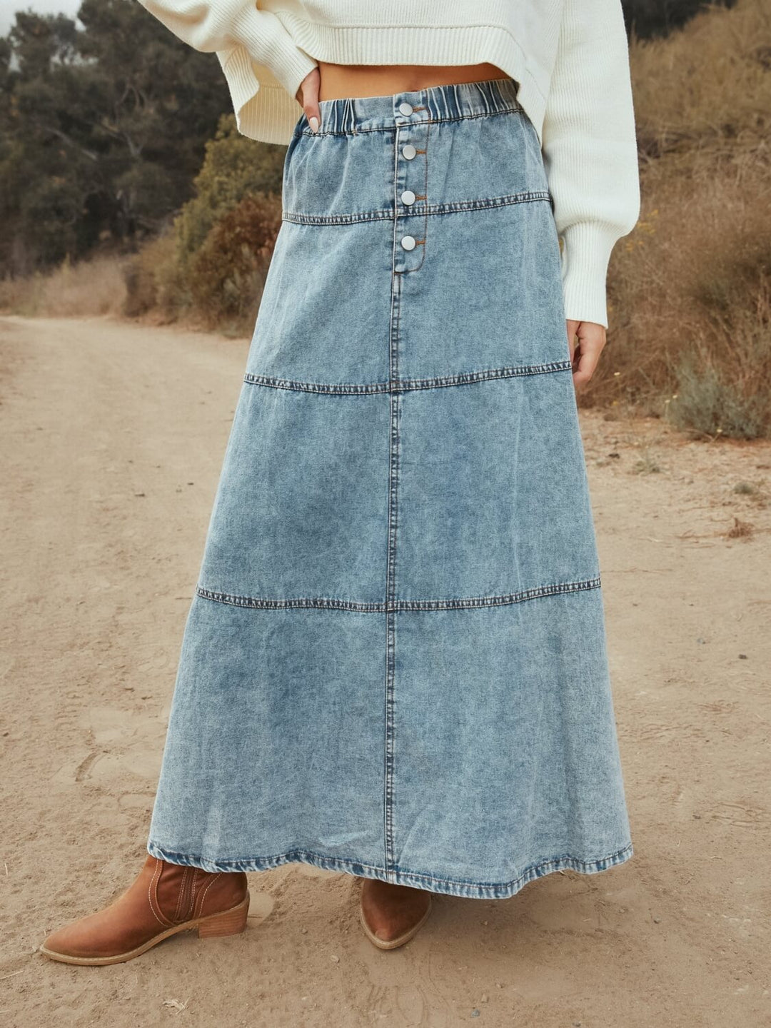 Stitch And Feather Denim Maxi Skirt – SMAIBULUN