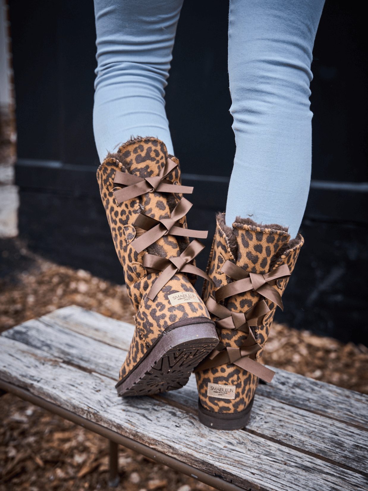 SMAIBULUN Ugg | Tri Ribbon Bow Suede Boots - cheetah