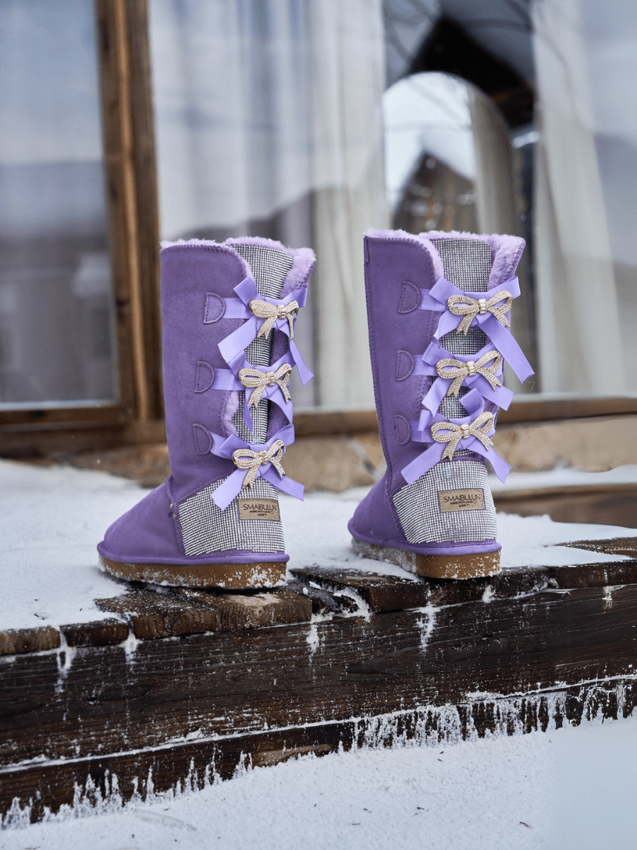 SMAIBULUN Ugg | Rhinestone Ribbon Tri-Tie Bow Suede Boots - lavender