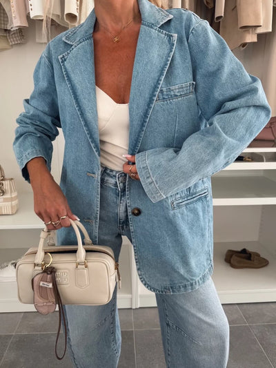 Influencer Oversized Denim Blazer - Denim Blue