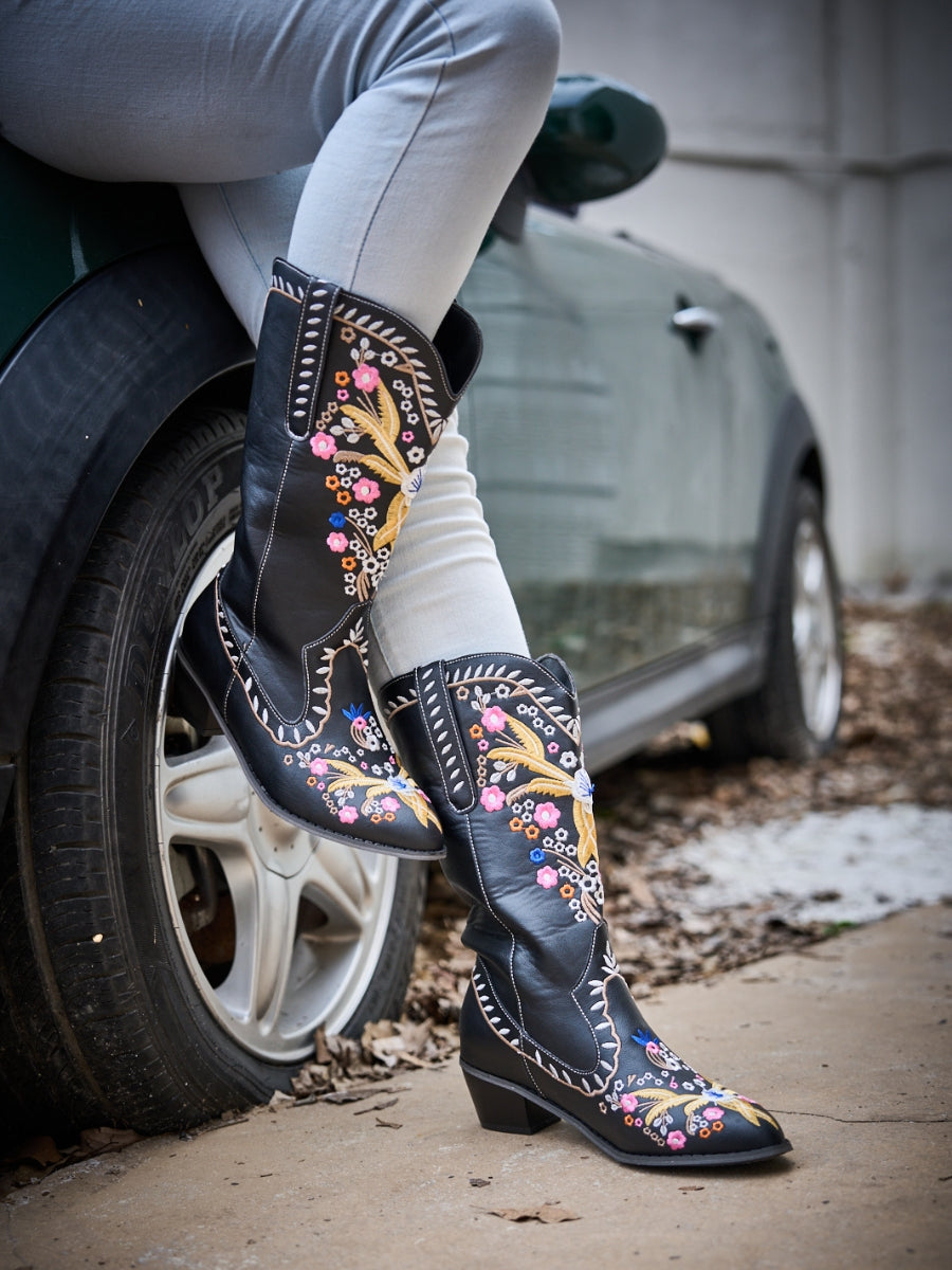 En Bloom | Santa Fe Floral Embroidered Western Knee Boots - Black