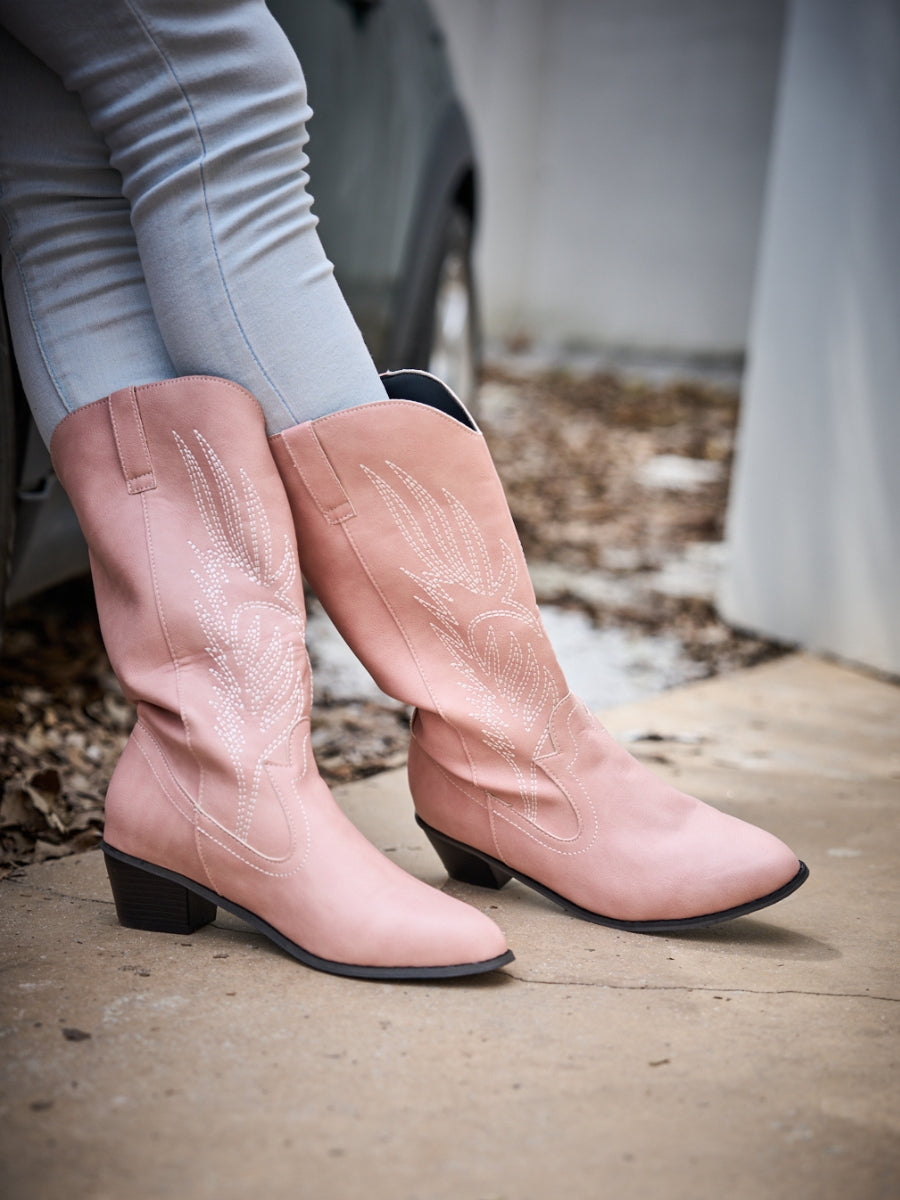 En Bloom | Vinny Wing Embroidered Western Knee Boots - Pink