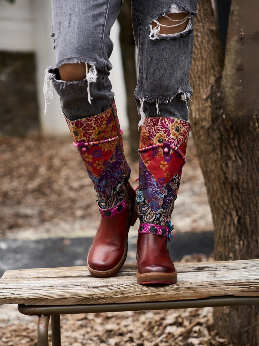 Soffia | Daylen Floral Embroidery Leather Knee-High Boots