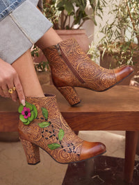 Soffia | Hibiscus Haze Paisley Floral Print Leather Ankle Boots