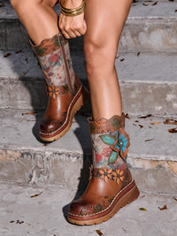 Soffia | Chill Whispers Floral Applique Leather Combat Boots