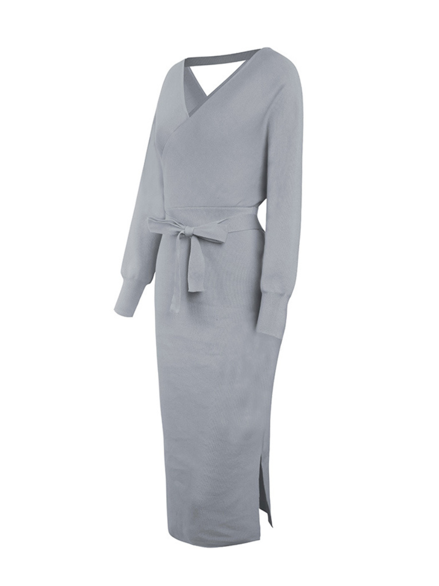 Lorene Tie Waist Midi Sweater Dress - Grey