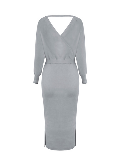 Lorene Tie Waist Midi Sweater Dress - Grey