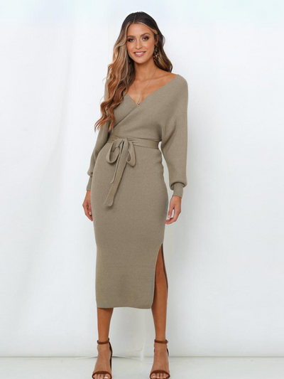 Lorene Tie Waist Midi Sweater Dress - Khaki