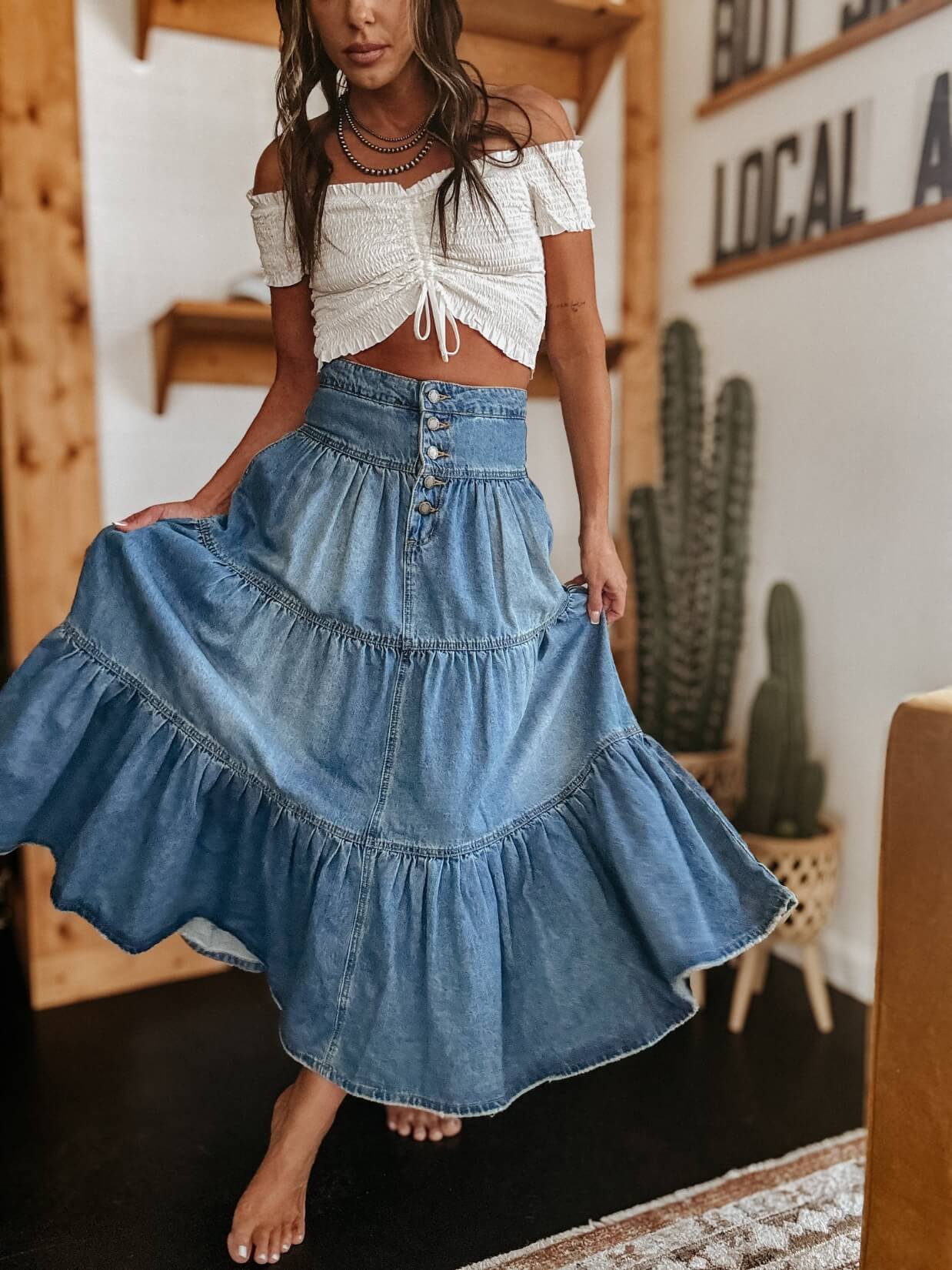 Cactus Rose Love Pleated Denim Maxi Skirt