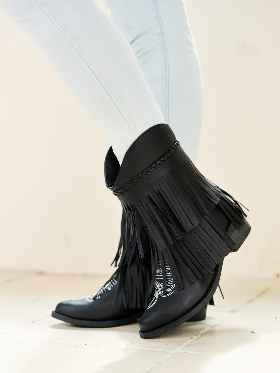 En Bloom | Jelena Fringe Western Cowboy Boots - Black