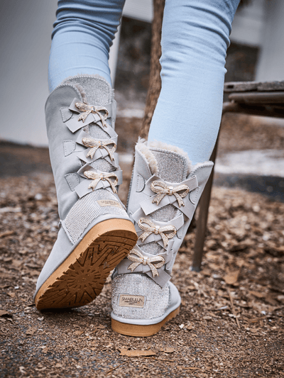 SMAIBULUN Ugg | Rhinestone Ribbon Tri-Tie Bow Suede Boots - pale