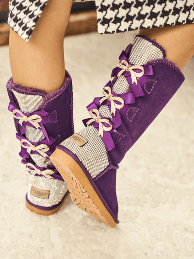 SMAIBULUN Ugg | Rhinestone Ribbon Tri-Tie Bow Suede Boots - violet