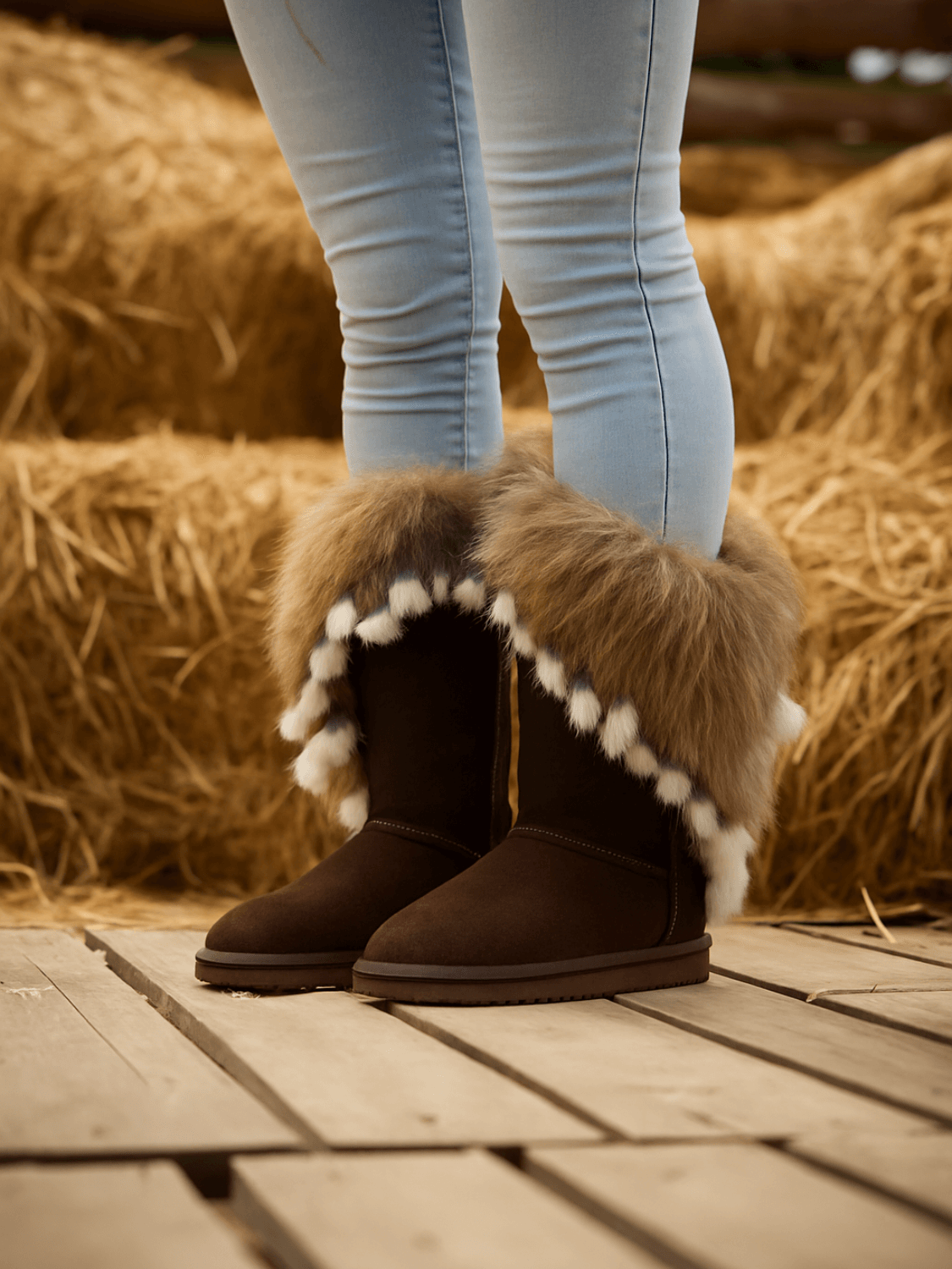 SMAIBULUN Ugg | Faux Fur Wool Lined Grazing Calf Boots - chocolate