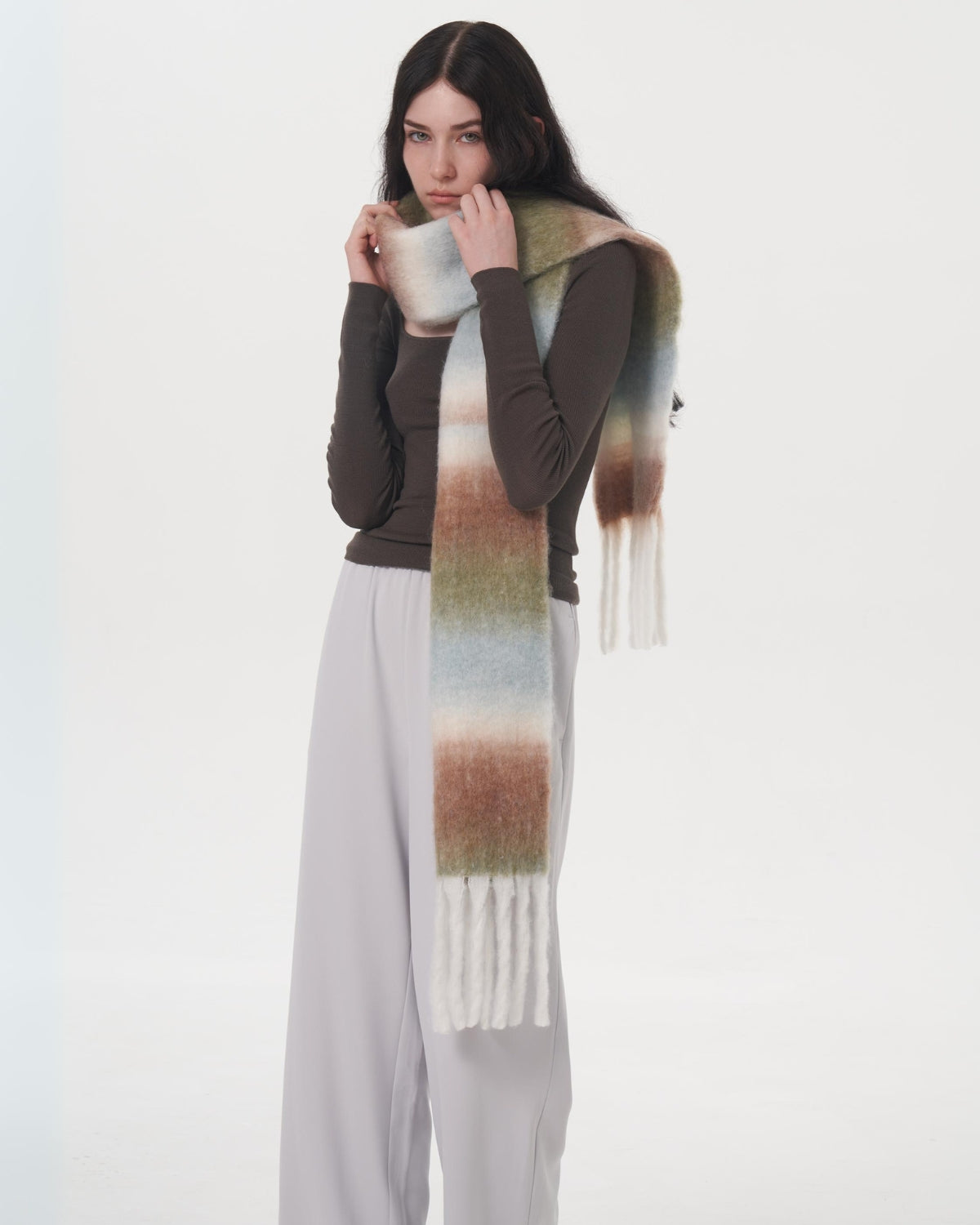 Mohair Gradient Wool Blend Tassel Blanket Scarf - Brown