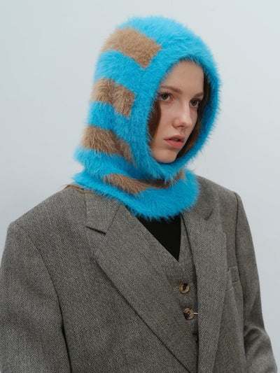 French Style Faux Mink Fur Balaclava Knit Hat - blue