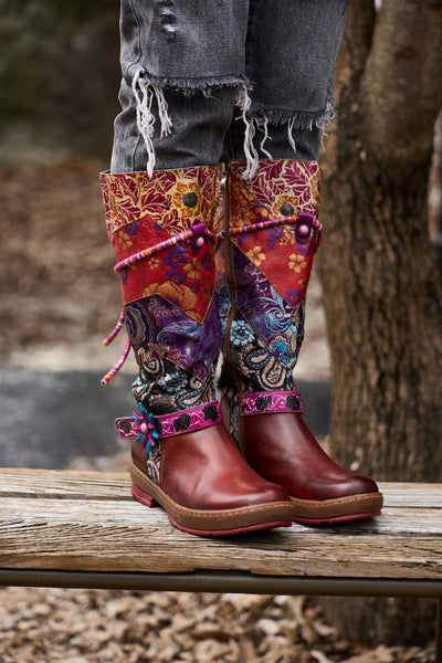 Soffia | Daylen Floral Embroidery Leather Knee-High Boots