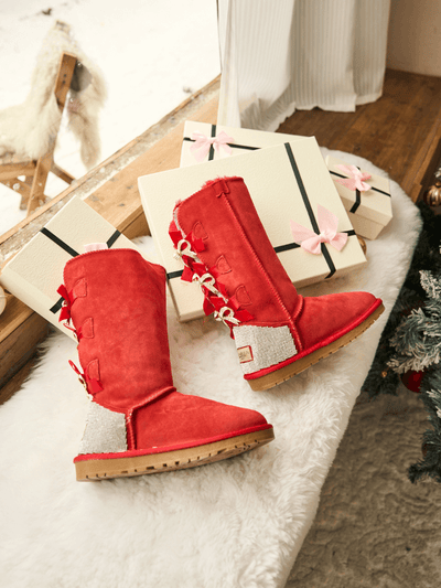 SMAIBULUN Ugg | Rhinestone Ribbon Tri-Tie Bow Suede Boots - candy