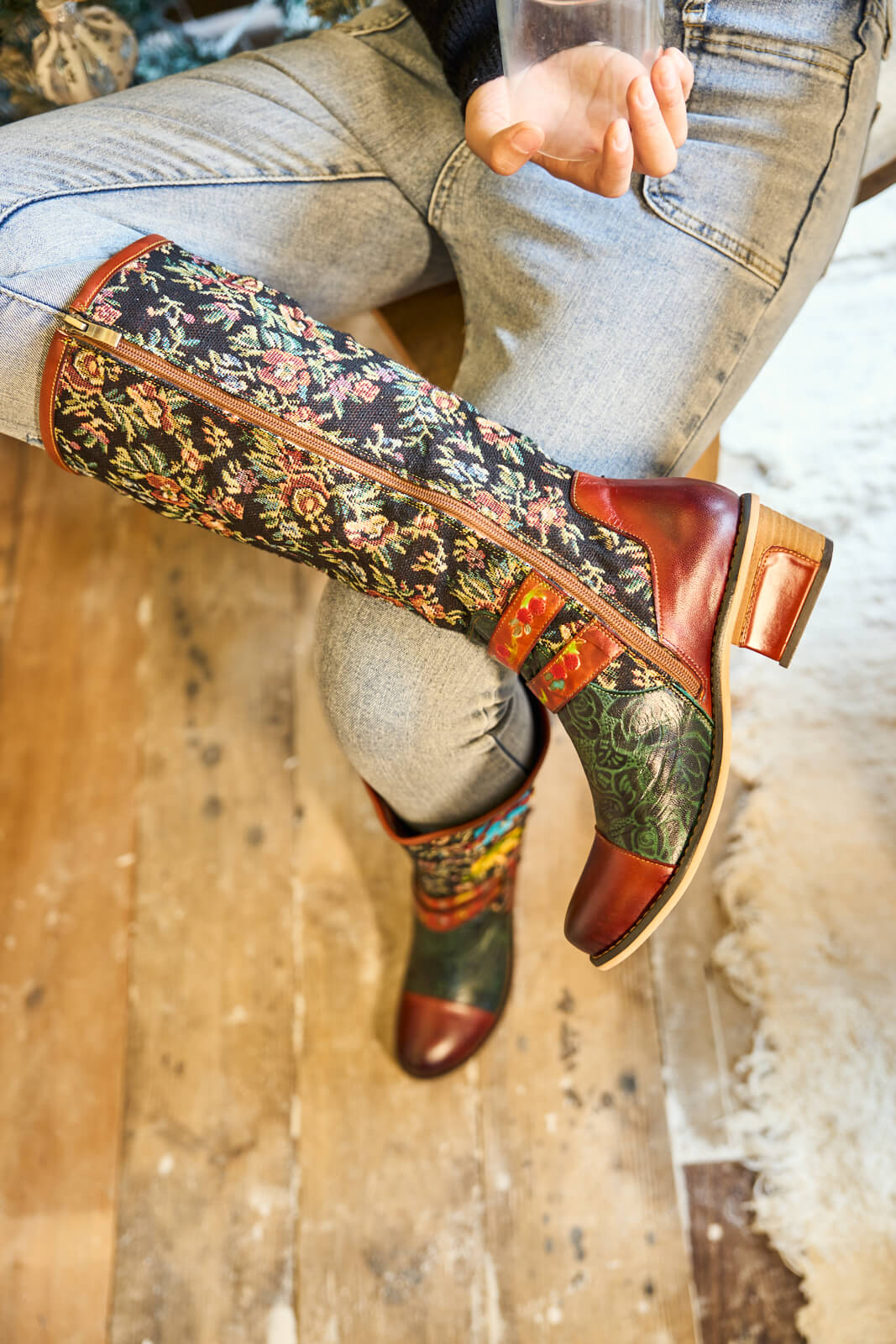 Soffia | Falling Petals Floral Knee-High Leather Boots