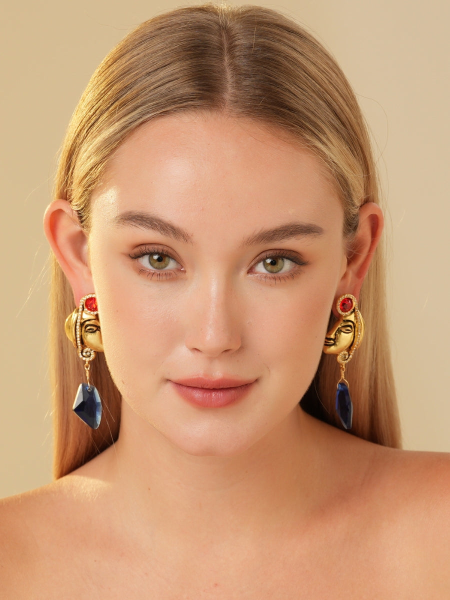 Maya Totem Avatar Gold Plated Sapphire Drop Earrings