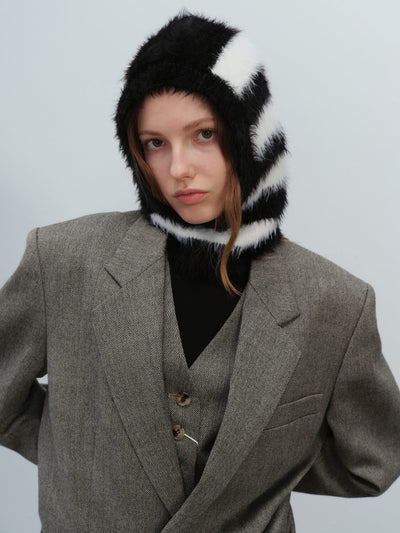 French Style Faux Mink Fur Balaclava Knit Hat - black