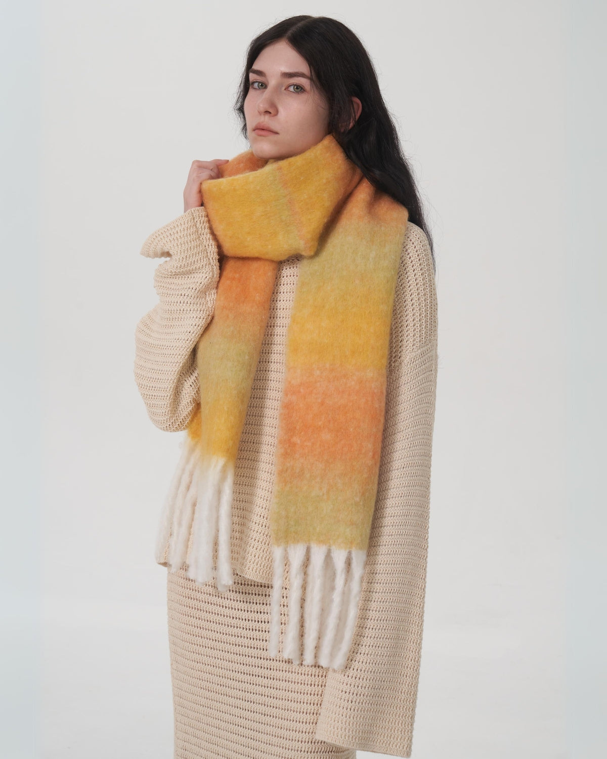 Mohair Gradient Wool Blend Tassel Blanket Scarf - Yellow