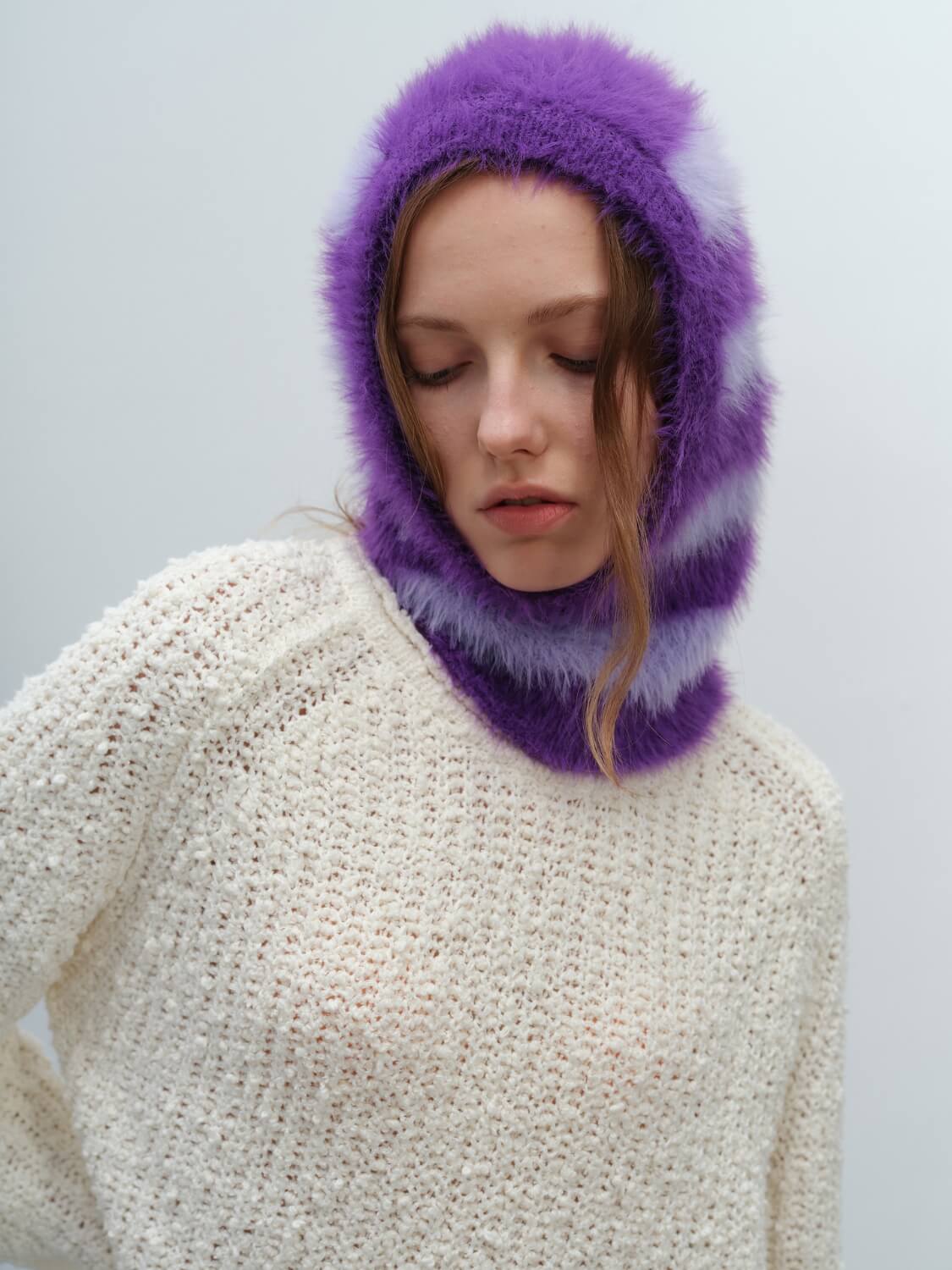 French Style Faux Mink Fur Balaclava Knit Hat - purple