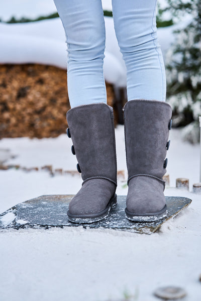 SMAIBULUN Ugg | Side Button Faux Fur-Lined Leather Suede Boots - grey