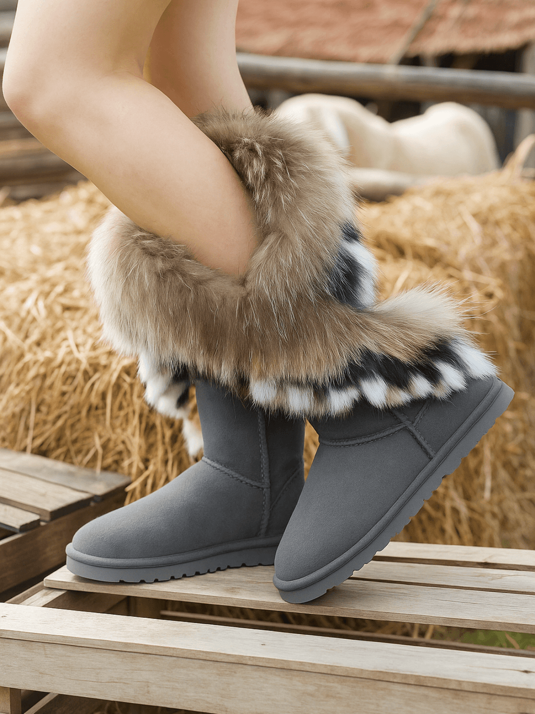 SMAIBULUN Ugg | Faux Fur Wool Lined Grazing Calf Boots - grey