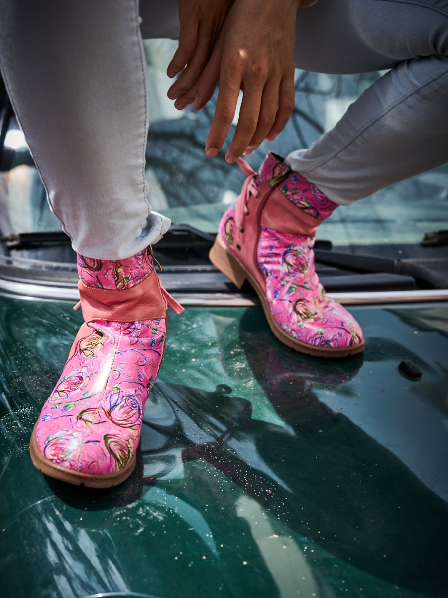 Soffia | Autumn Fields Floral Leather Ankle Booties - Pink