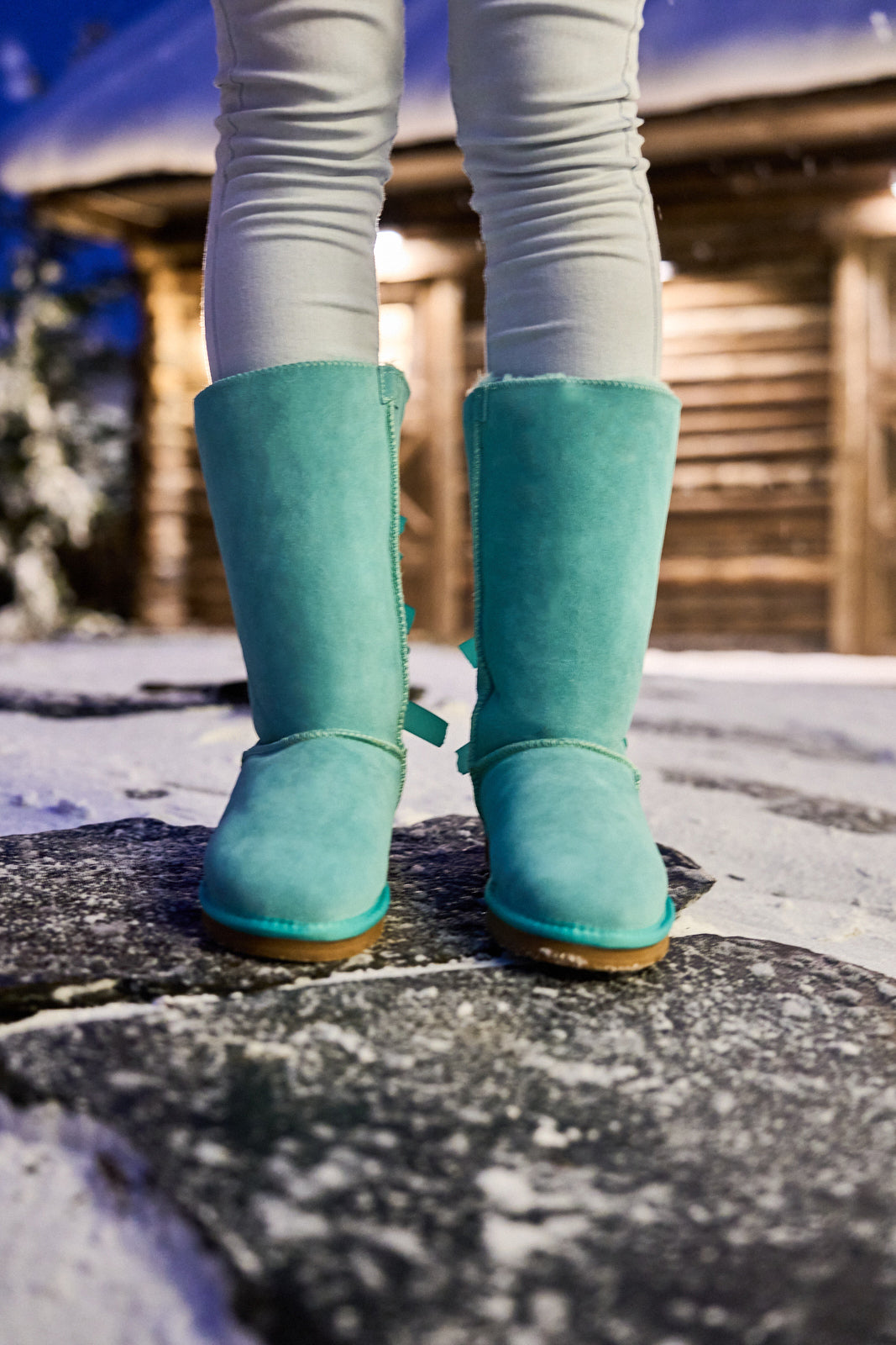 SMAIBULUN Ugg | Rhinestone Ribbon Tri-Tie Bow Suede Boots - turquoise