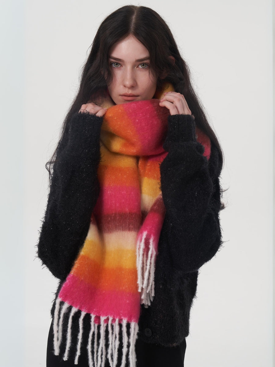 Dopamine Wool Blend Stripe Tassel Blanket Scarf - Orange