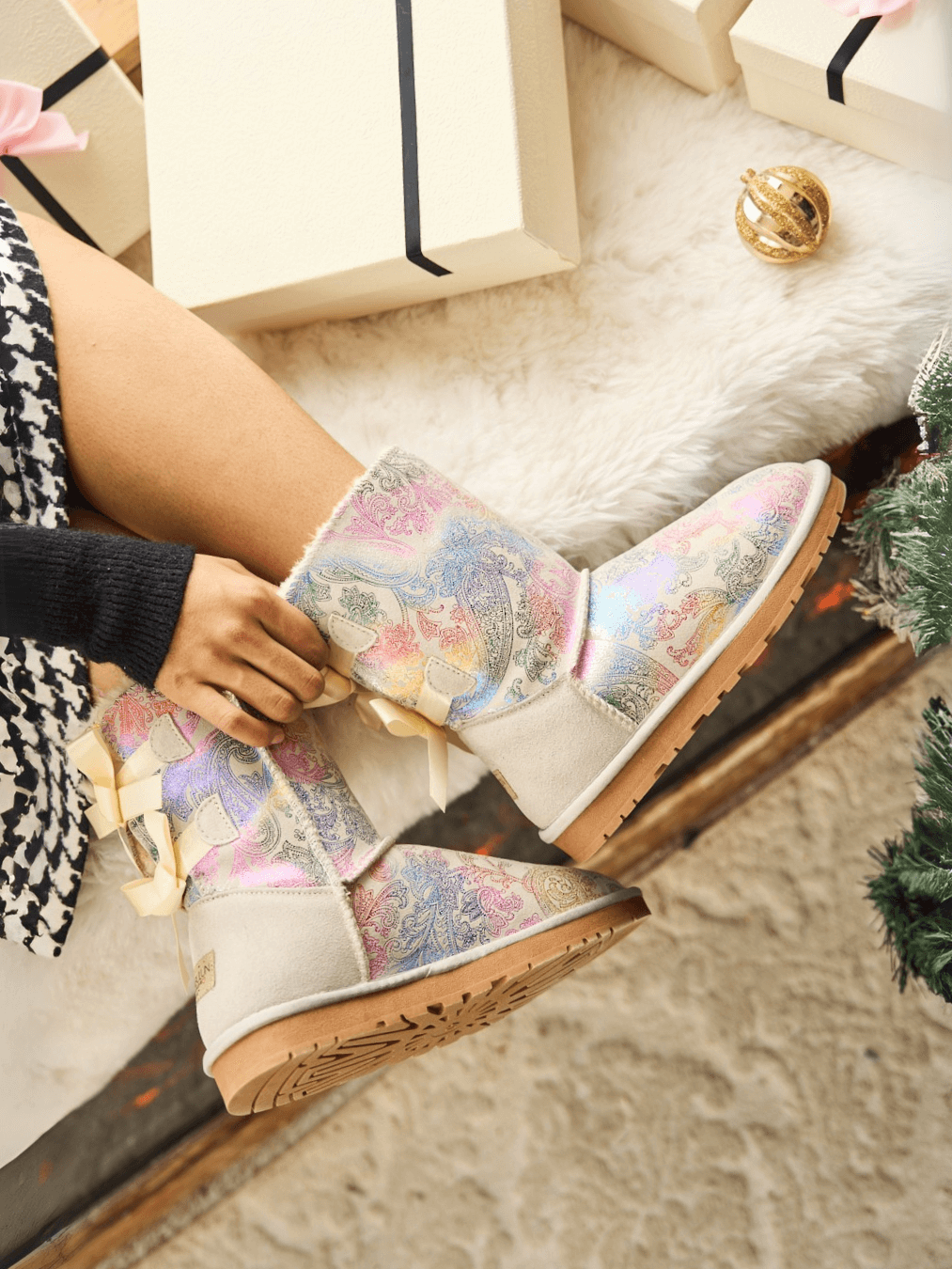 Smaibulun Ugg | Double Ballet Ribbon Bow Suede Shearling Boots - multi ...
