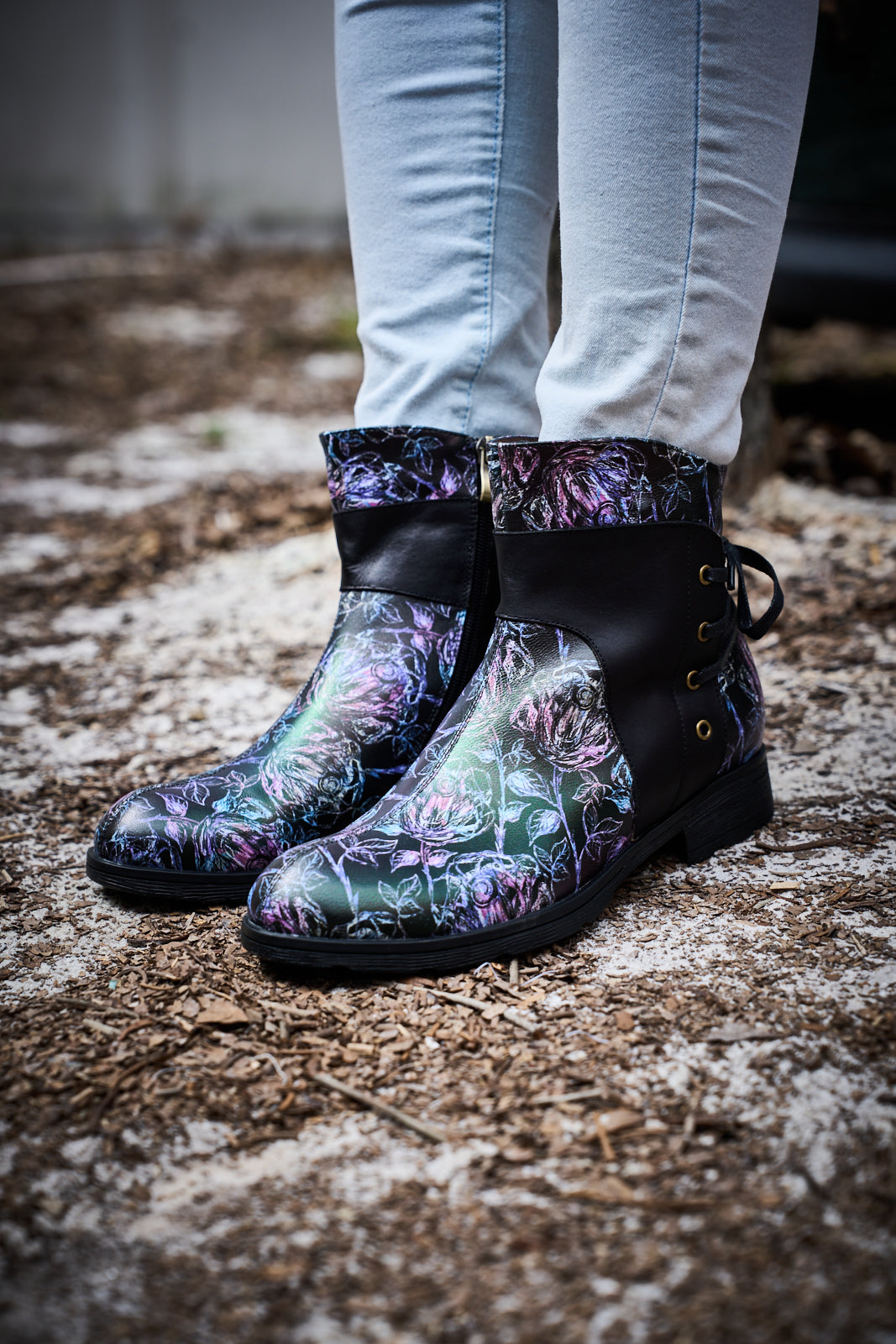 Soffia | Autumn Fields Floral Leather Ankle Booties - Black