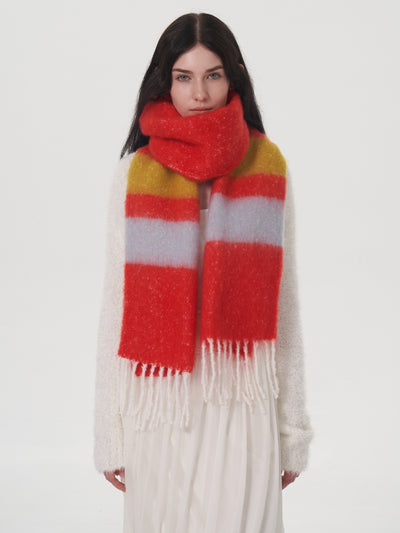 Dopamine Wool Blend Stripe Tassel Blanket Scarf - Red