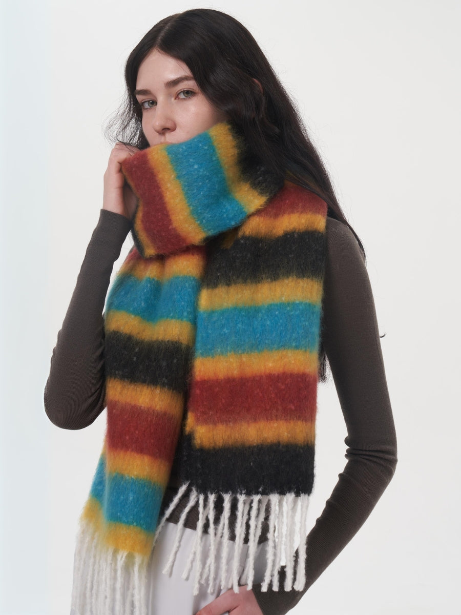 Dopamine Wool Blend Stripe Tassel Blanket Scarf - Black