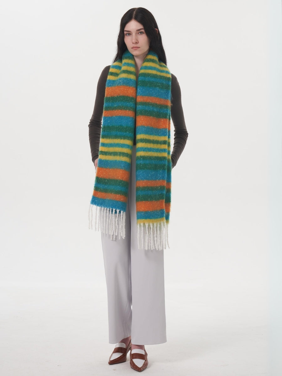 Dopamine Wool Blend Stripe Tassel Blanket Scarf - Green