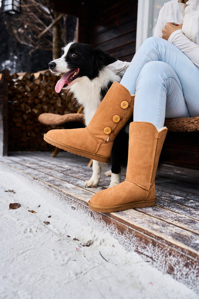 SMAIBULUN Ugg | Side Button Faux Fur-Lined Leather Suede Boots - chestnut