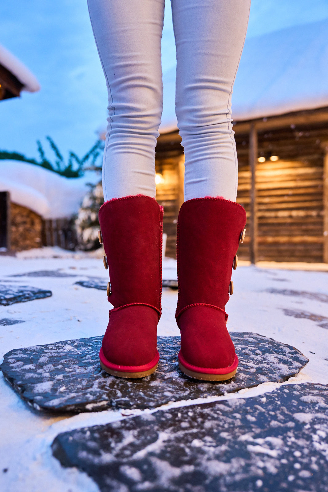 SMAIBULUN Ugg | Side Button Faux Fur-Lined Leather Suede Boots - red