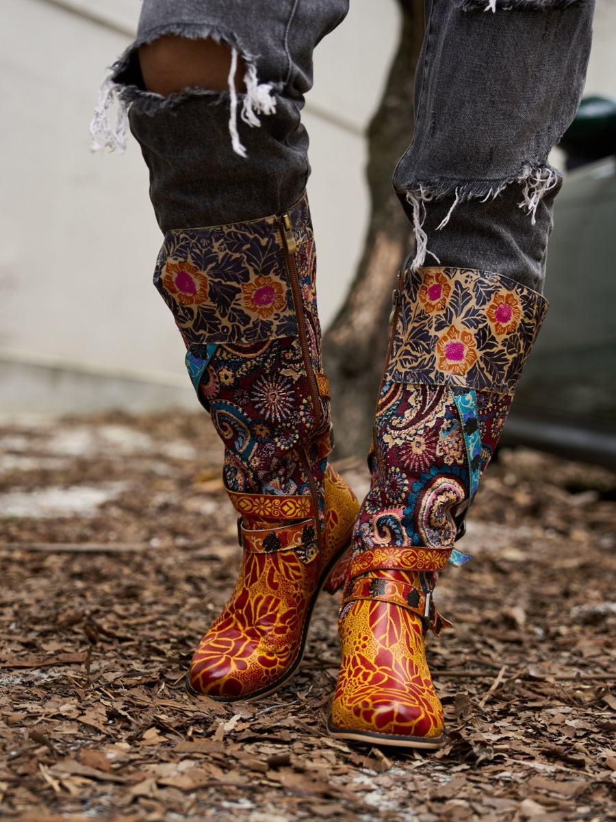 Soffia | Rheana Paisley Floral Jacquard Leather Knee-High Boots