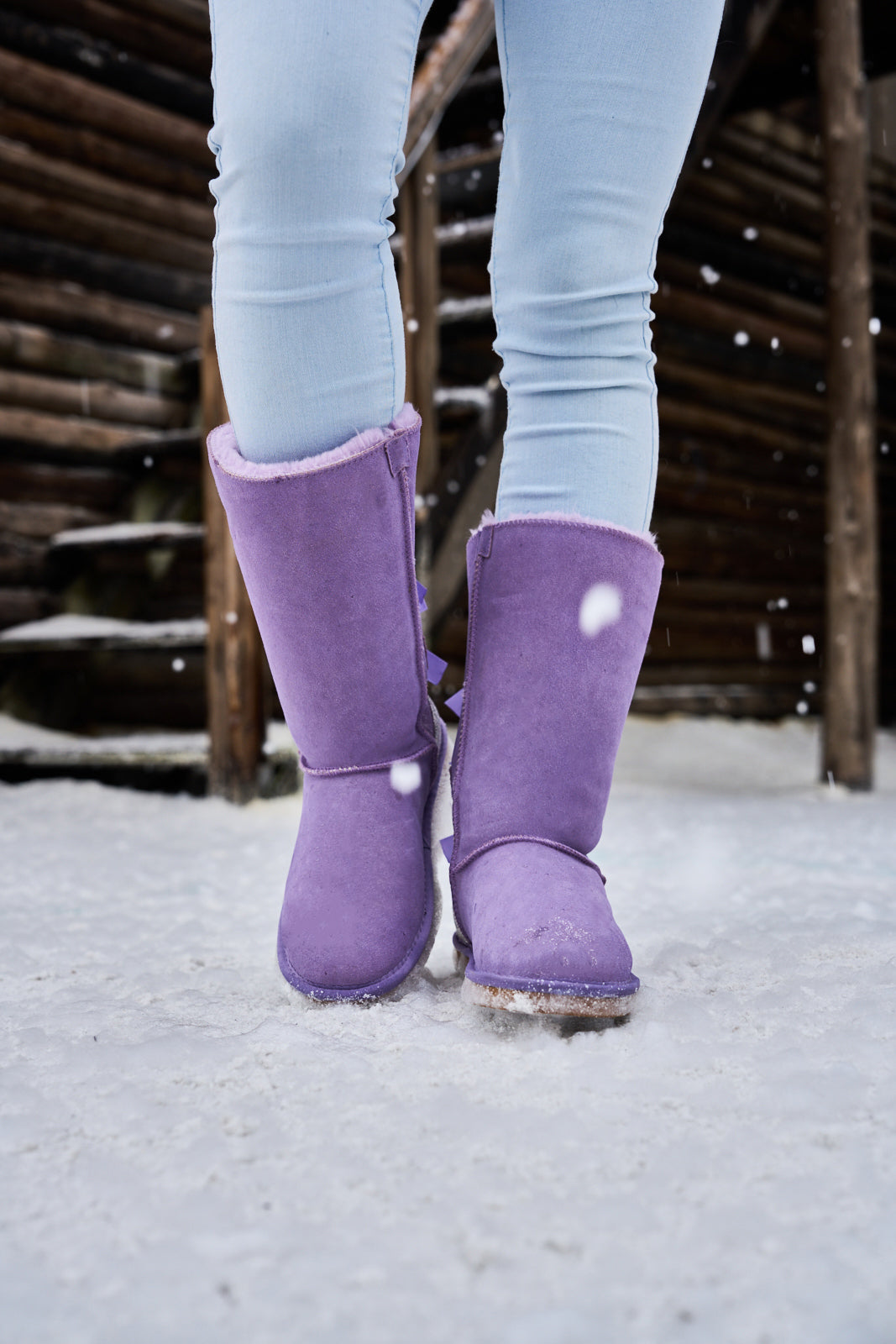 SMAIBULUN Ugg | Rhinestone Ribbon Tri-Tie Bow Suede Boots - lavender