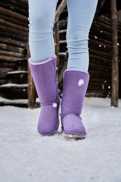 SMAIBULUN Ugg | Rhinestone Ribbon Tri-Tie Bow Suede Boots - lavender