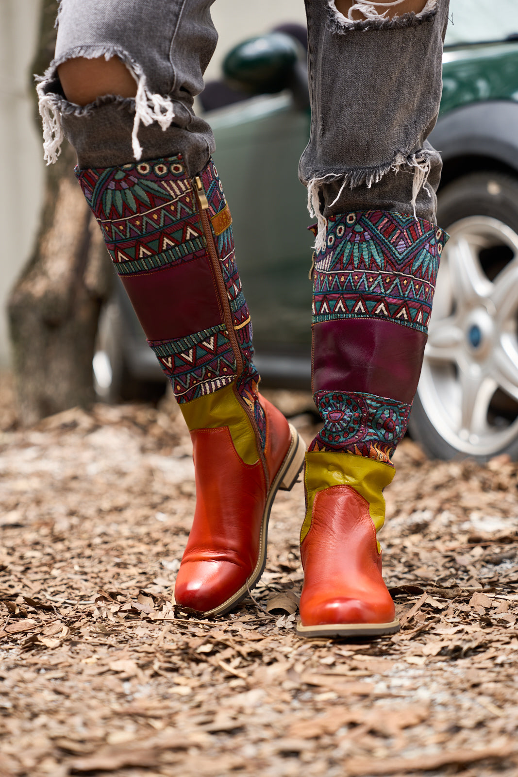 Soffia | Cozy Up Abstract Embroidered Leather Knee-High Boots