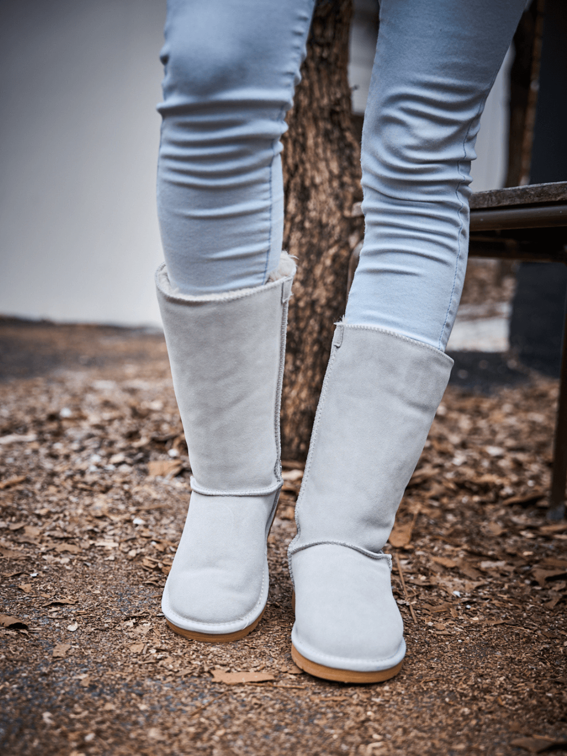 SMAIBULUN Ugg | Rhinestone Ribbon Tri-Tie Bow Suede Boots - pale