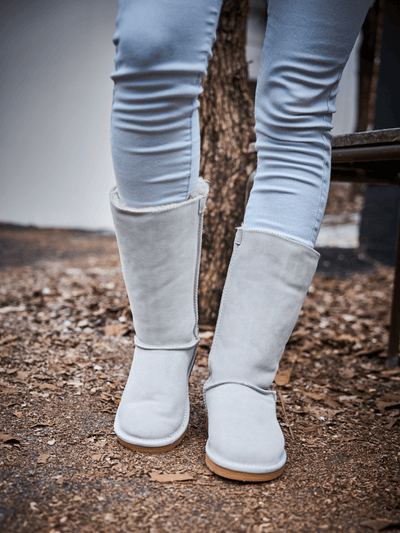 SMAIBULUN Ugg | Rhinestone Ribbon Tri-Tie Bow Suede Boots - pale