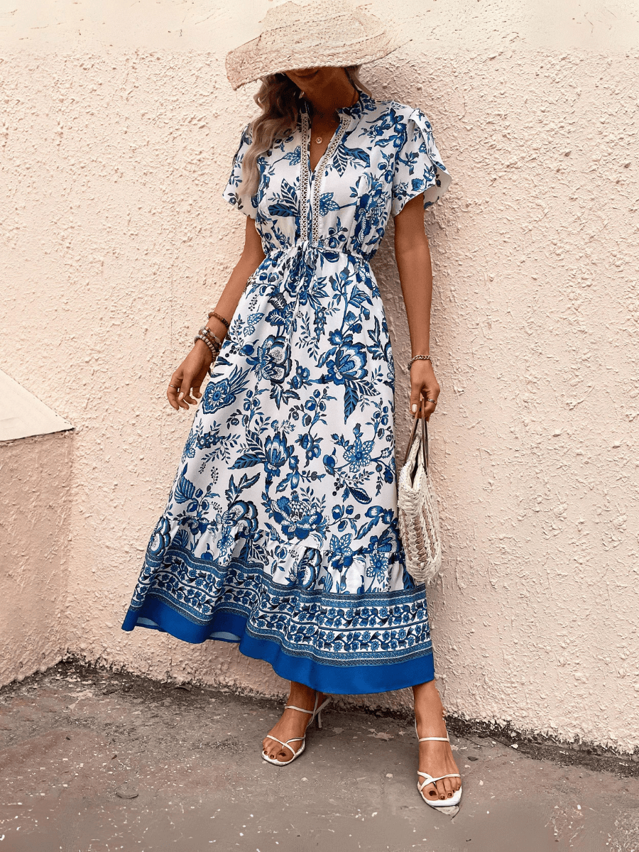 Midi Dresses Mature Summer Dress Floral Boho Short Sleeves A-Line Maxi Dress, Blue XL Midi Dresses Mature Summer Dress Floral Boho Short Sleeves A-Line Maxi Dress, Blue XL