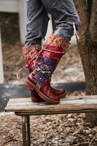 Soffia | Daylen Floral Embroidery Leather Knee-High Boots