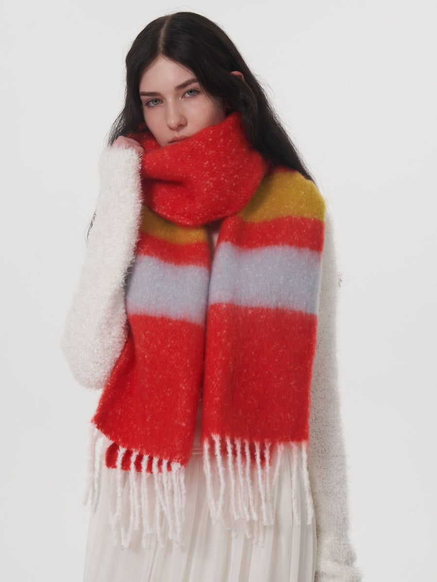 Dopamine Wool Blend Stripe Tassel Blanket Scarf - Red