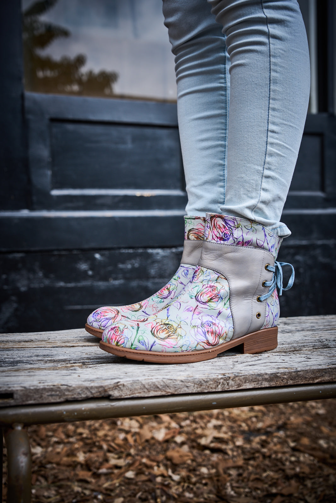 Soffia | Autumn Fields Floral Leather Ankle Booties - Grey