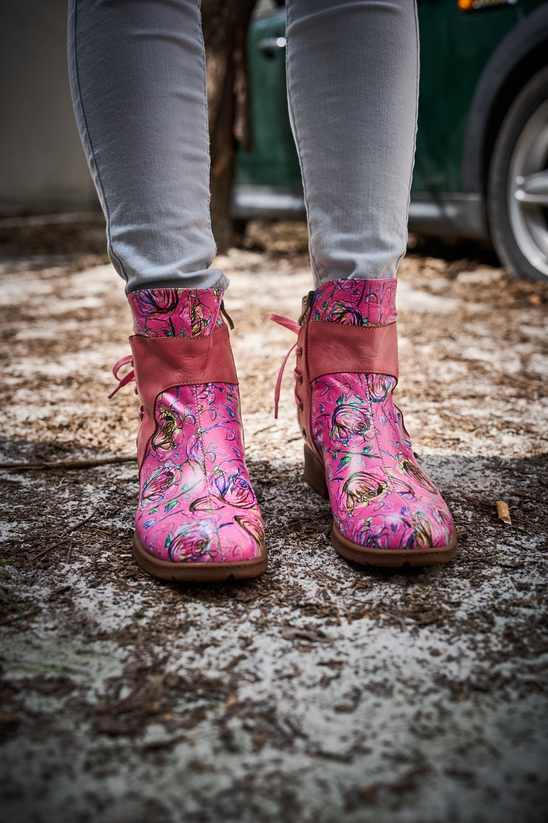 Soffia | Autumn Fields Floral Leather Ankle Booties - Pink